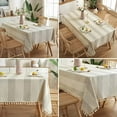 thumbnail image 4 of Nvzi Stitching Tassel Tablecloth Striped Table Cloth Rectangle Cotton Linen Dust-Proof Table Cover for Kitchen Dinning 54 x 120 Inch Beige, 4 of 5