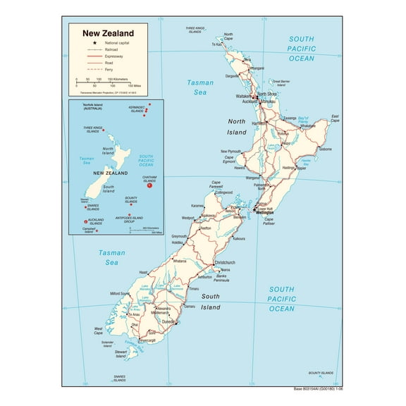 Palmetto Posters 24x31 Laminated Poster: Large political map of new zealand with roads railroads and cities