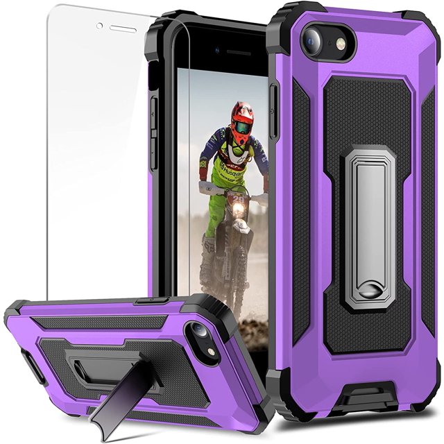 for iPhone SE 2020 Case, iPhone 7/8 Case Rugged Military Dual Layer Heavy Duty iPhone SE 2020 Case with Screen Protector TPU Bumper Full Protection Metal Kickstand Shockproof Case 4.7 inch,Purple
