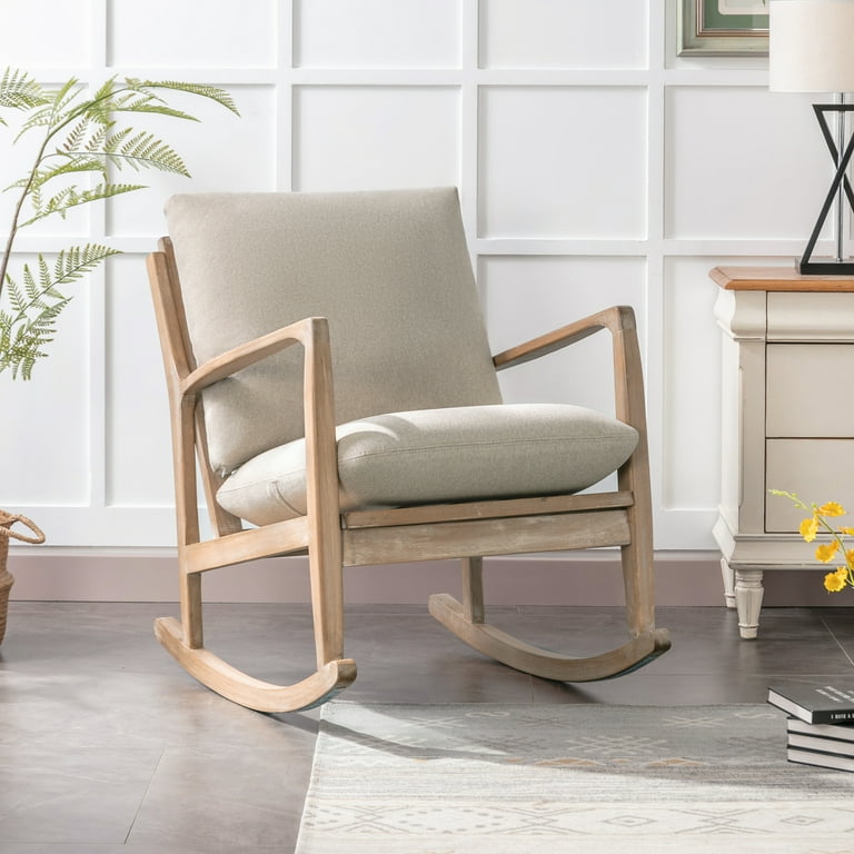 Solid Wood Rocking Chair Nursery Chair Linen Fabric Upholstered