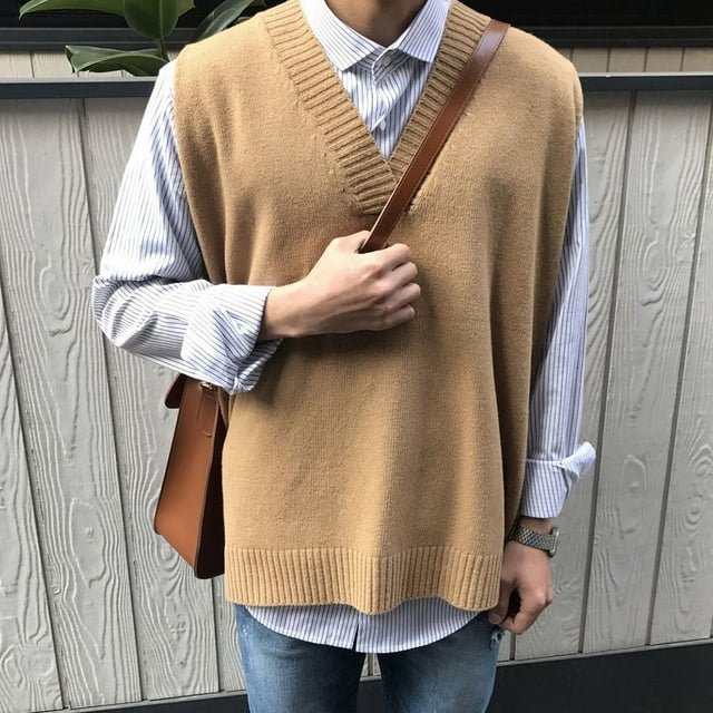 Suéter de cuello en V para hombre, suéter de punto holgado a la moda, chaleco sin mangas de otoño