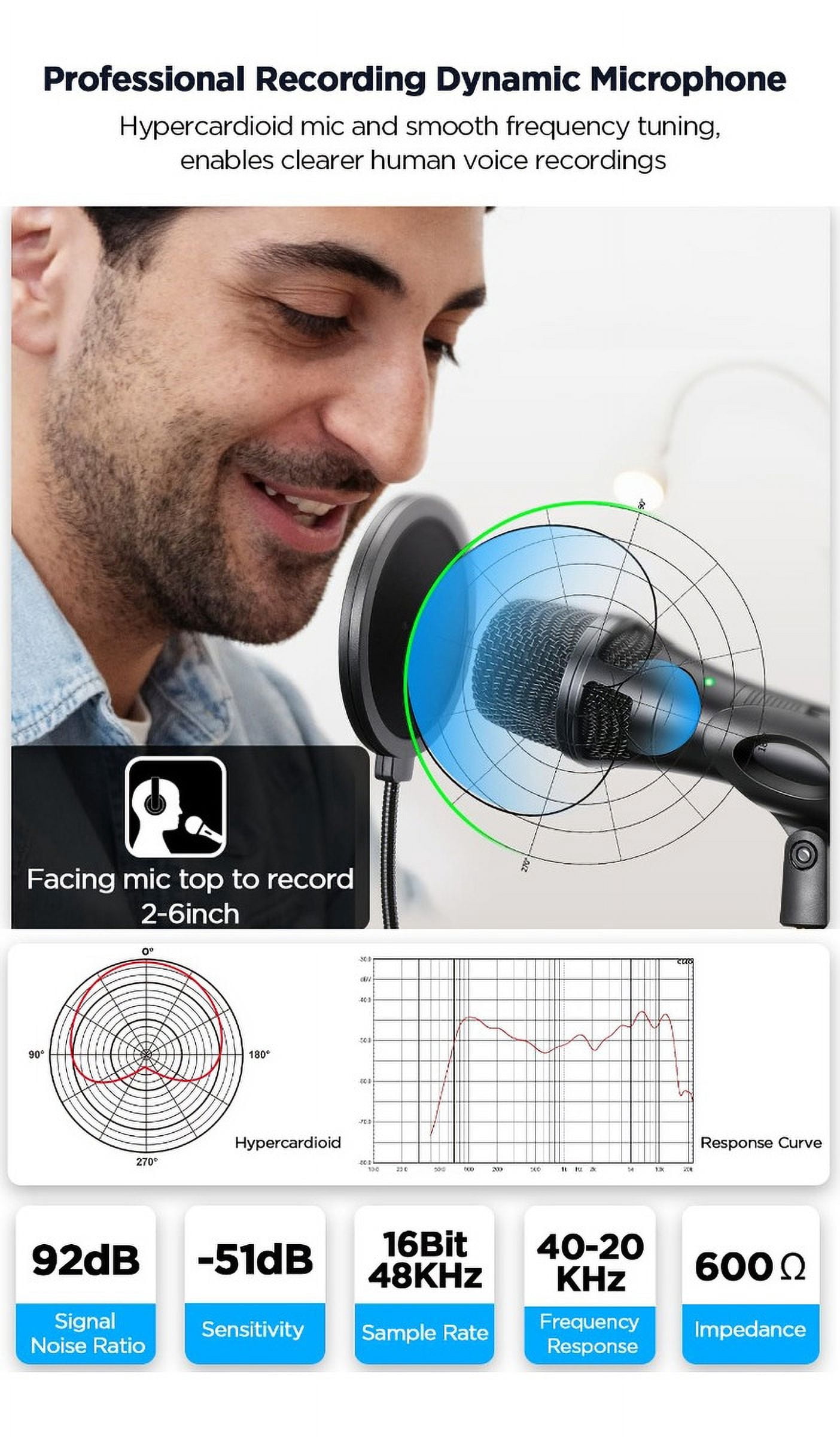 Dynamic Microphone XLR/USB-C for Recording/Singing, Hypercardioid?Noise Rejection, Mic Gain, with Desktop Stand, Pop Filter, Headphone Jack, for Mac, PC, Audio Interface for Podcast, Studio, Singing