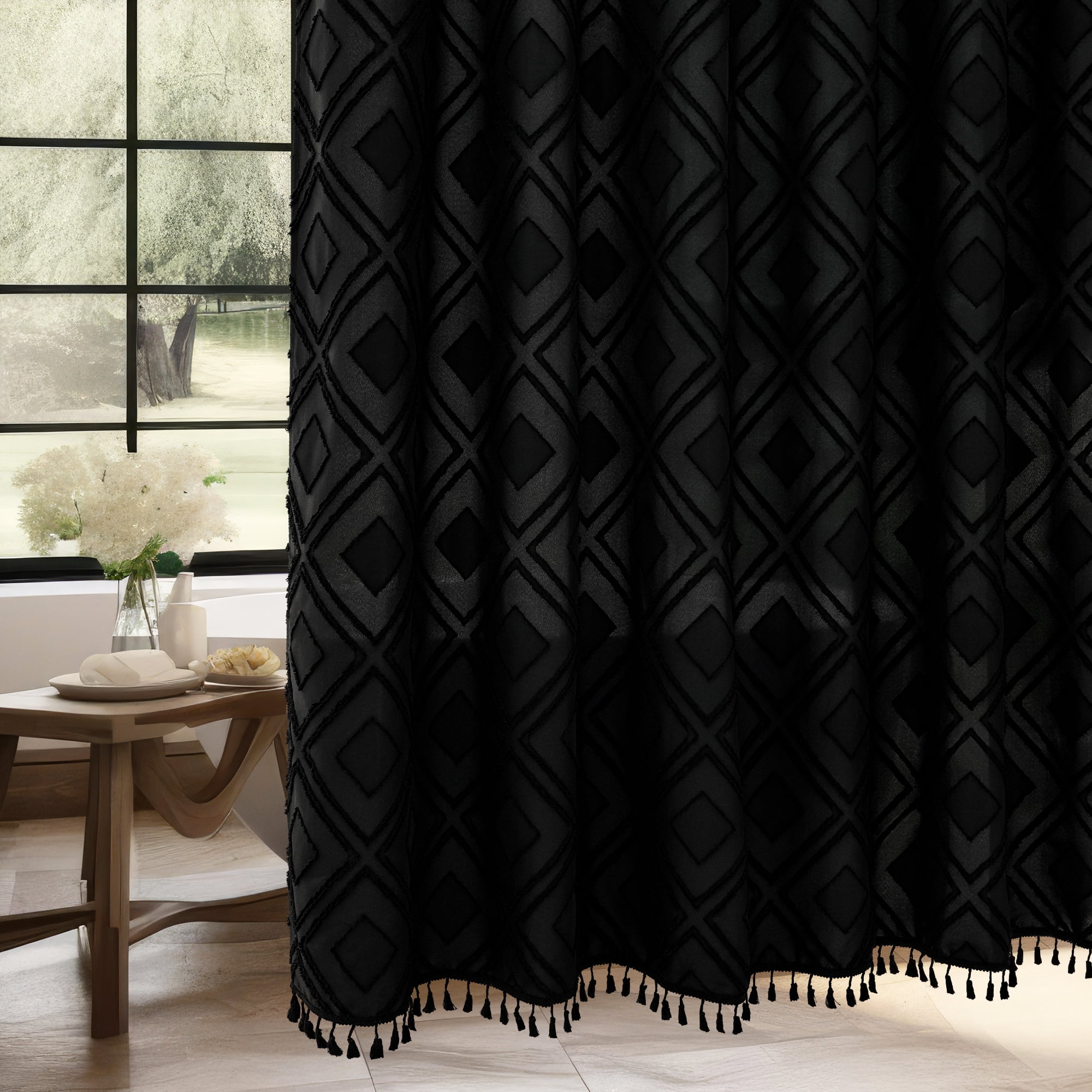 Inosoo Black Bohemian Shower Curtain, 72 x 84 Inch Extra Long Water-repellent Textured Tufted Chevron Striped Bathroom Shower Curtains with Tassels