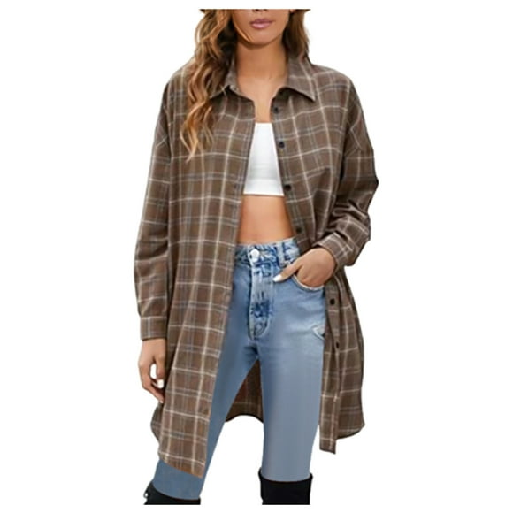 IROINID Women's Mid-Length Shacket Jacket Turndown Lapel Plaid Long Sleeve Lattice Coat Winter Outerwear, Khaki