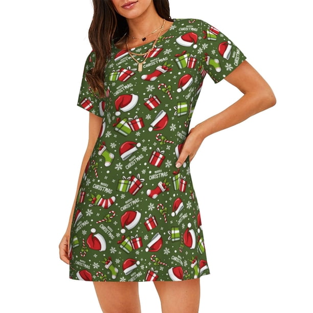 Fotbe Christmas Hat sock Bata de Dormir para Mujer con Estampado, Camisón de Algodón de Manga Corta, Ropa de Dormir Casual