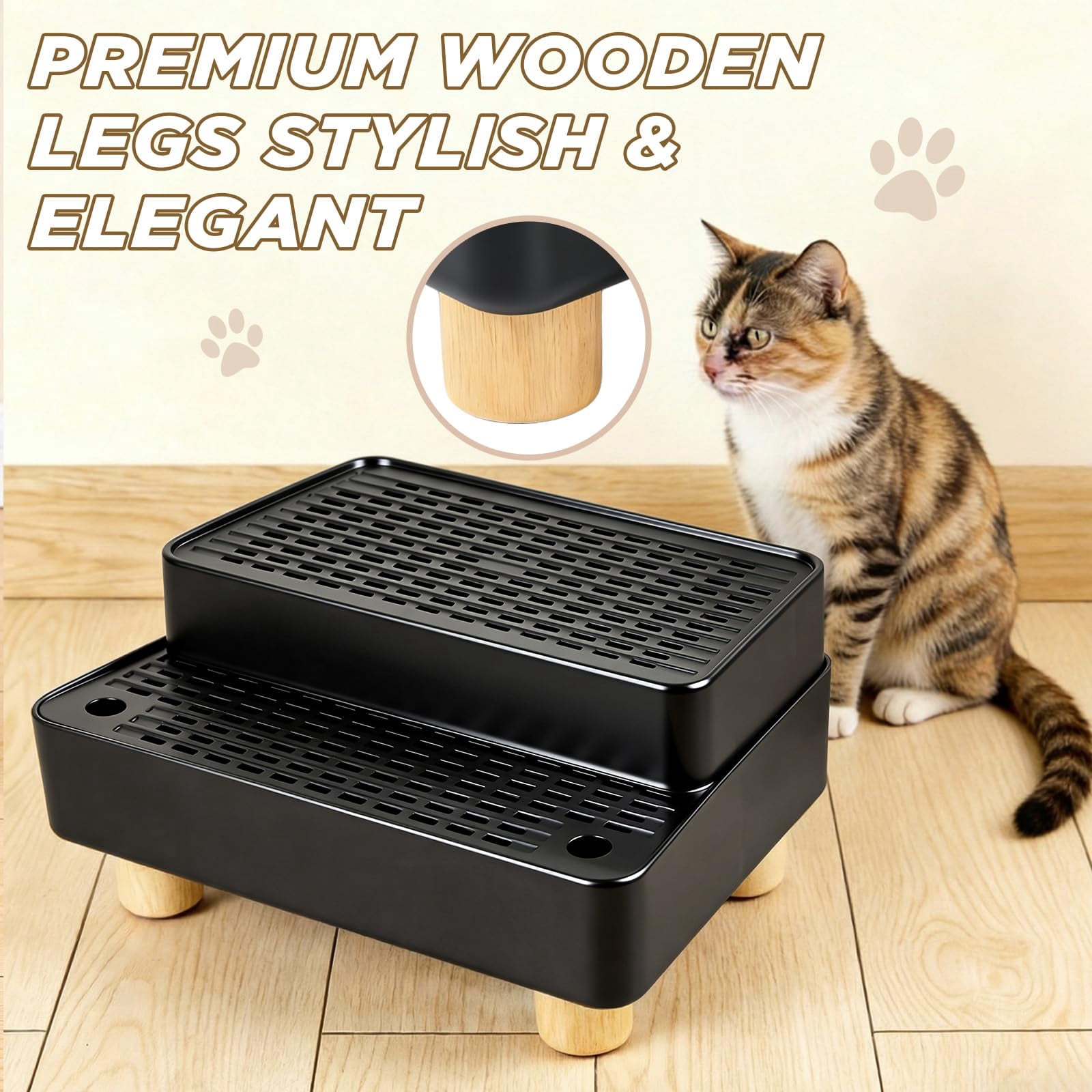 Adjustable 2 Steps Litter Box Ramp  Cat Catcher Mat With Wooden Feet Filter Function Step For Small & Elderly Cats Fits Automatic Boxes (black)
