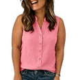 thumbnail image 5 of Women's Plus Size Sleeveless Button Down Shirts Dressy Casual Summer Blouses V Neck Cotton Linen Tops Business Work Tank Top | CSEONE,Pink 3XL, 5 of 5