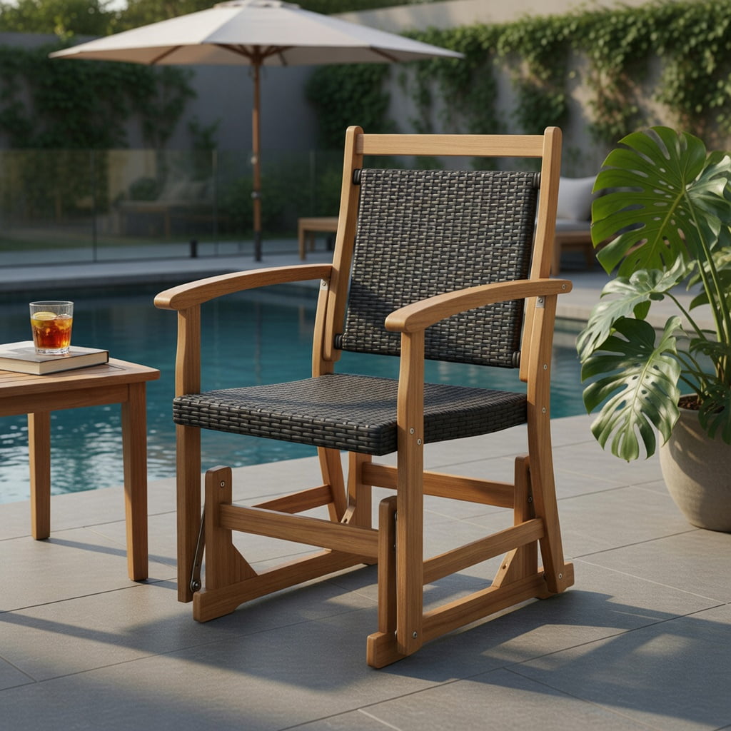 Hommoo Outdoor Glider Chair with PE Rattan Seat & Back, Acacia Wood Frame, Mixed Wicker Patio Rocking Chair for Backyard, Balcony, Poolside, Brown