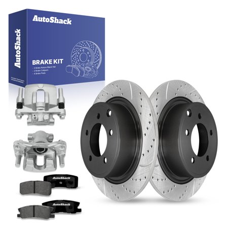 AutoShack Rear Drilled & Slotted Brake Rotors Premium Ceramic Brake Pads Calipers | Replacement for 2013-2015 Mitsubishi Lancer 2008-2009 Dodge Caliber | E-Coated | 8-PC Brake Kit | ShadowGuard