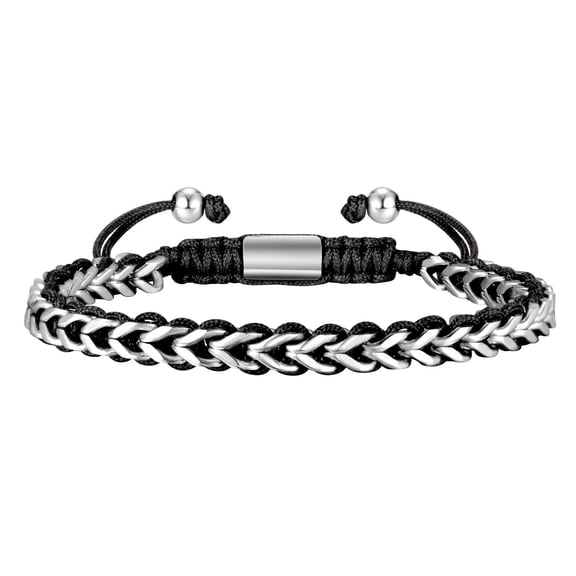 Rope & Chain Braided Link Bracelet for Men : Handmade Trendy Men's Stainless Steel Metal Non Tarnish Waterproof Cuban Chain Bracelet Fashion Jewelry Gift for Dad Son Boyfriend, Adjustable