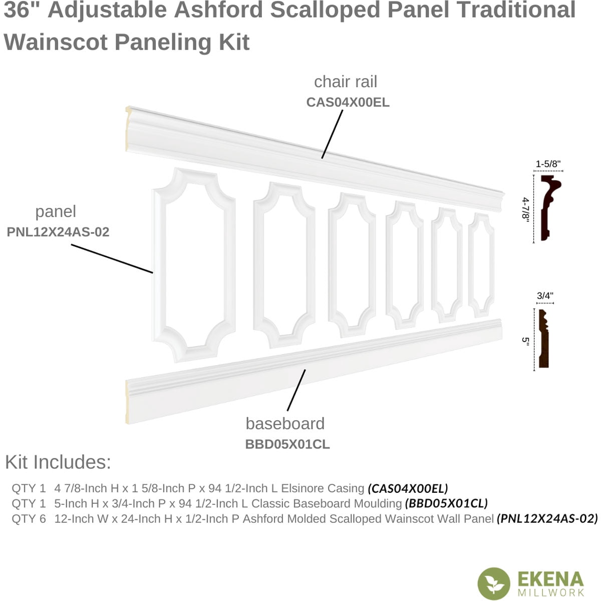 Ekena millwork 94 1/2"L (Adjustable 36"H to 40"H) Ashford Scalloped Panel Traditional Wainscot Paneling Kit
