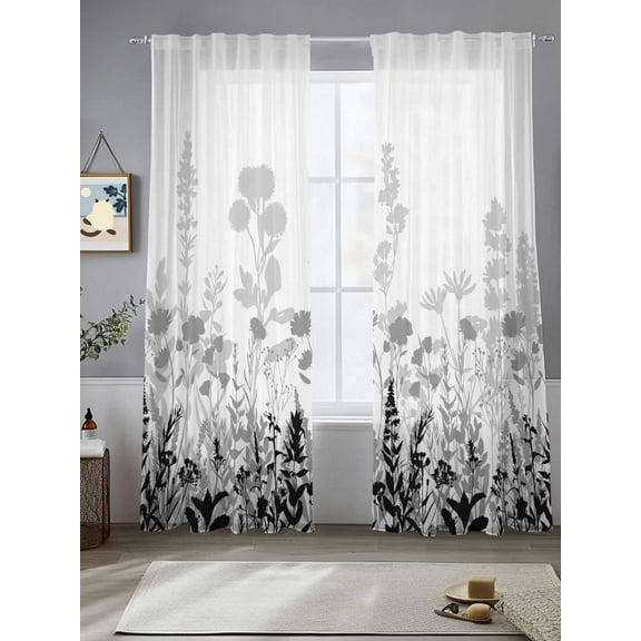Grey Floral Rustic Sheer Curtains for Living Room Bedroom Spring Farmhouse Botanical Floral Sheer Curtains 84 Inch Long 2 Panels Set Light Filtering Curtain Window Treatments Drapes for Dining Room