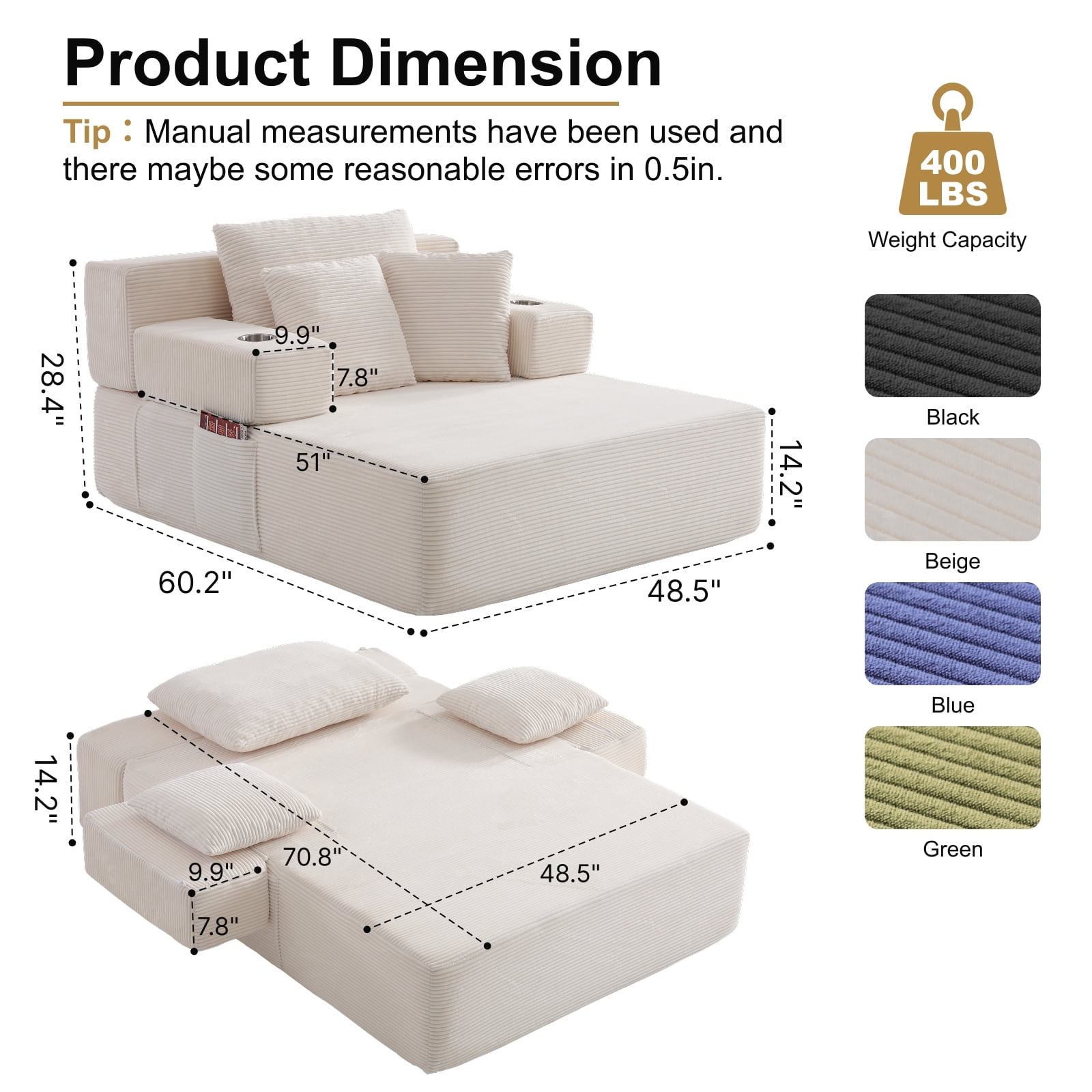 48" Wide Luxurious Corduroy Chaise Lounge with 3 Pillows, 71" Convertible Sofa Bed with Storage Pocket and Cup Holders