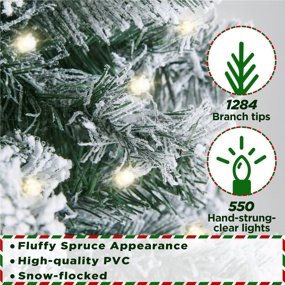 Alden Design 7.5ft Pre-lit Flocked Artificial Christmas Tree with 550 LED Lights for Holiday Decorative, White