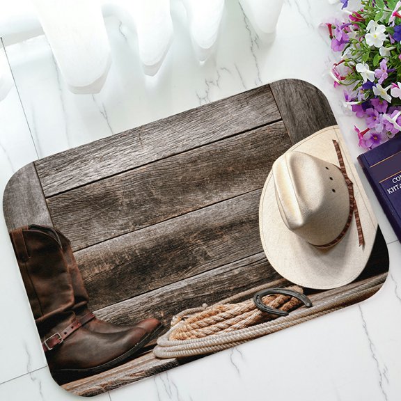 ECZJNT American West Straw Cowboy Hat Roper Boots Barn Welcome Doormat Bath Mat Rug Entrance Rug Floor Mats 23.6x15.7 inch