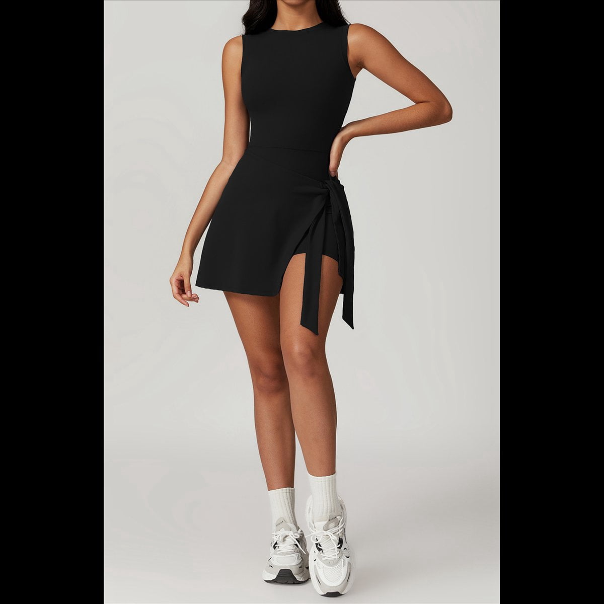 Womens High Neck Tennis Dress Sleeveless Wrap Skirt Built in Shorts Golf Athletic Dress Workout Rompers Advanced Black L