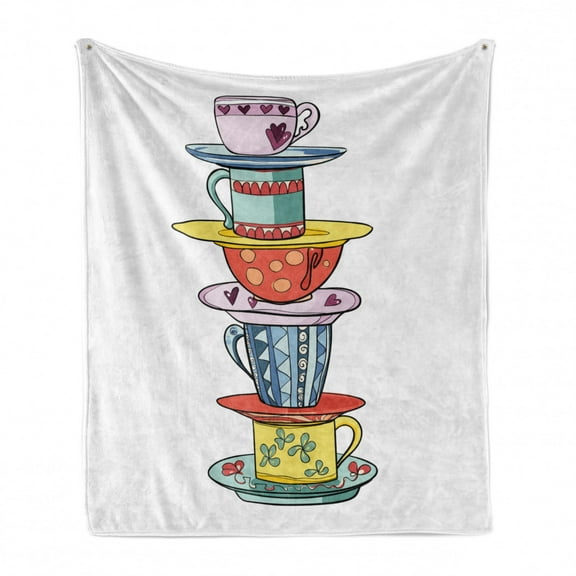 Tea Soft Flannel Fleece Throw Blanket, Pattern of Ornate Old Fashioned Tea Cups with Geometric Polka Dots and Flower Motifs, Cozy Plush for Indoor and Outdoor Use, 70" x 90", Multicolor, by Ambesonne