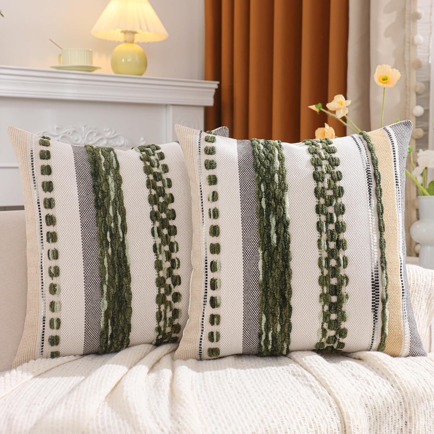 Tosleo Green Accent Pillow Covers 18x18 Set of 2 Boho Throw Pillow Covers Striped Decorative Pillow Cases Soft Chenille Pillow Cases Farmhouse Cushion Case Accent Nuetral Textured Pillow Cover
