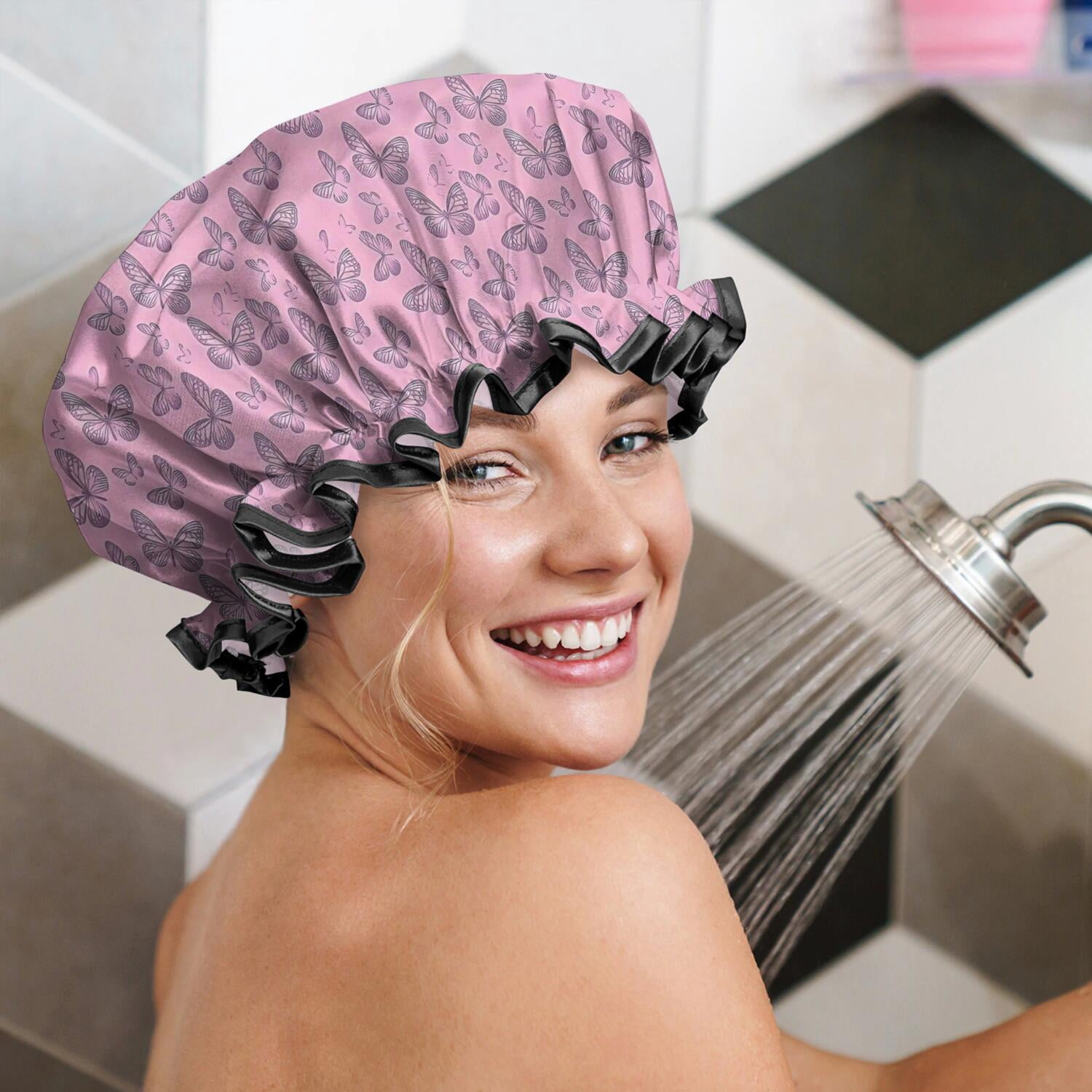 Shower Caps,Pink Butterfly Pattern Waterproof Shower Cap for Women 4 Pieces,Double Reusable Hair Cover for Shower PEVA Elastic Stretch Hem
