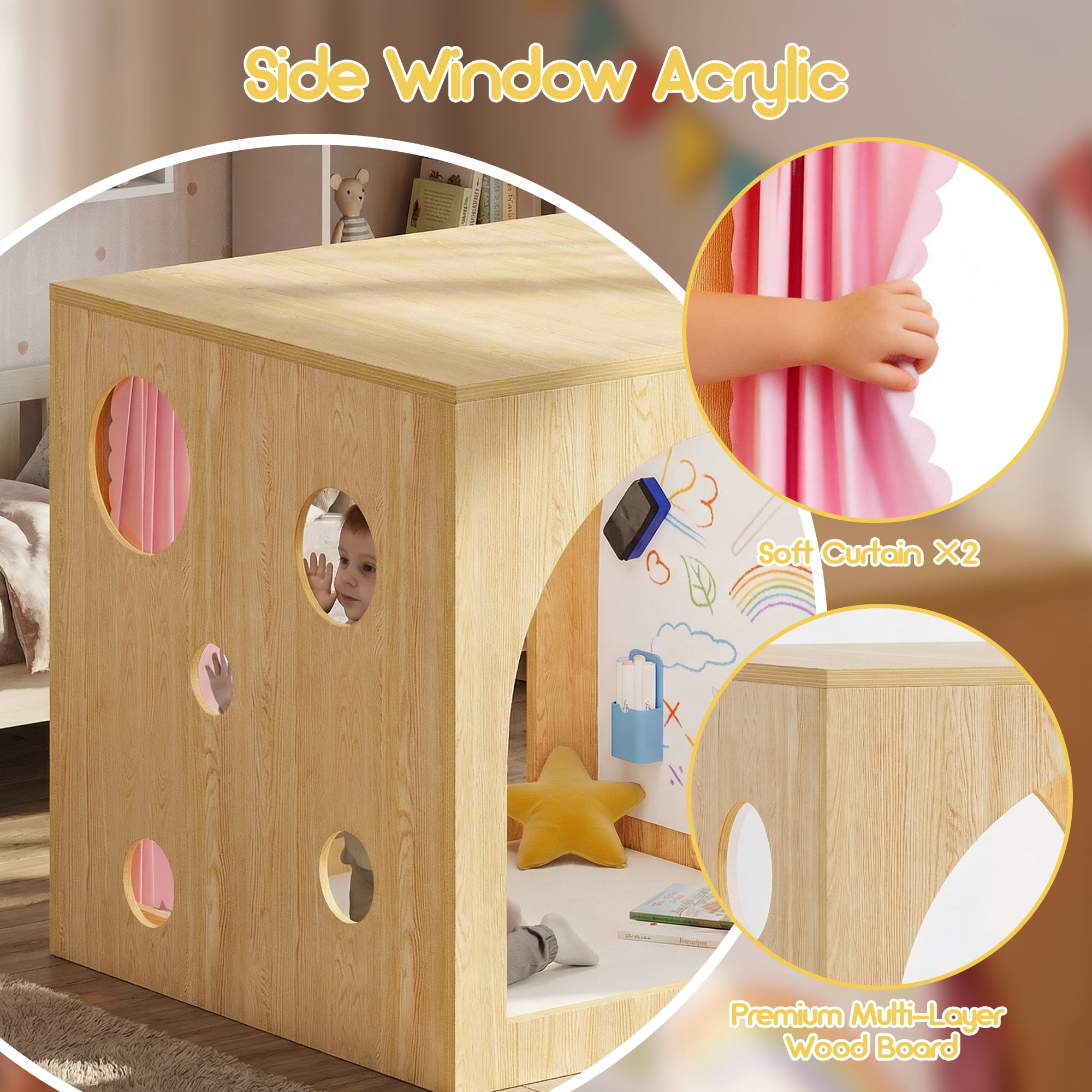 Advwin 30" Cozy Reading Cube with Curtains, Cushion Mat & Light, Wood Reading Nook Quiet Corner Playhouse with Whiteboard, Bookshelf & Acrylic Window Panel for Home School Classroom Daycare, Pink