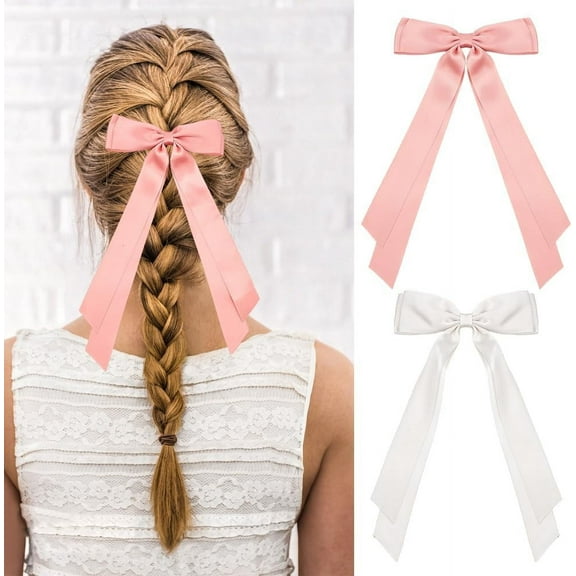2 Pcs 2 Colors Pink Bow Hair Clips Long Ribbon Bow Hair Clip Big White Bowknot Tassel Polyester Ties Hair Barrettes with Platinum Alloy Clip Decorations for Women Hair Solid Accessories Colorful