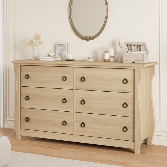 Boho Dresser with Rattan Accents - Natural Wood 6 or 7 Drawer Chest, Tall Freestanding Storage Organizer with Curved Legs for Bedroom, Living Room, Entryway, Balcony