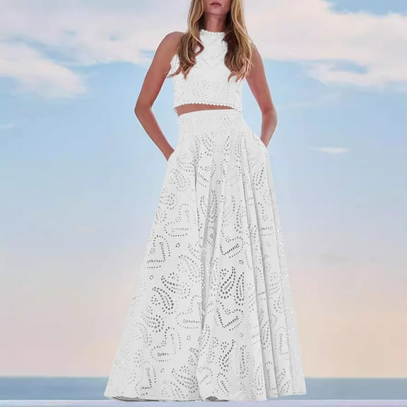 Miqool Women's 2 Piece Skirt Sets Casual Boho Sleeveless Cropped Cami Hollowed-out Maxi Skirt Flowy Beach Outfit