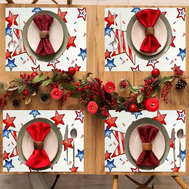 Outdoor Holiday Decorations Independence Day Classic Tri Color Linen Print Mat Dining Room Kitchen Insulation Mat Holiday Party Decorative Table Set of 4 Independence Day Decorations