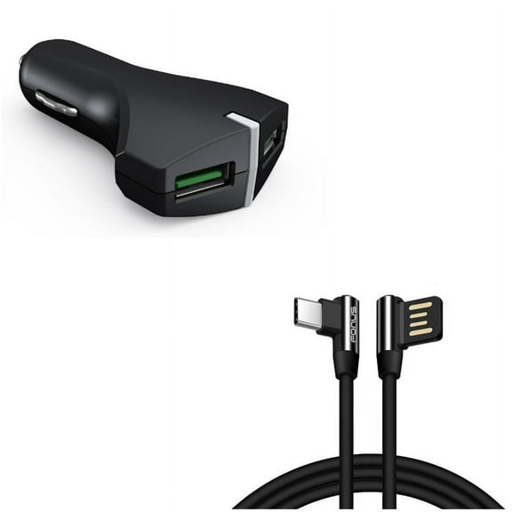 2-Port USB 36W Fast Car Charger w Charger Cord 6ft Type-C Angle USB Cable A7R for Acer Liquid Jade Primo - Alcatel PulseMix, 7, Idol 5S 5 4S - ASUS Zenfone V Live, ROG Phone, AR 6 5z 4 Pro