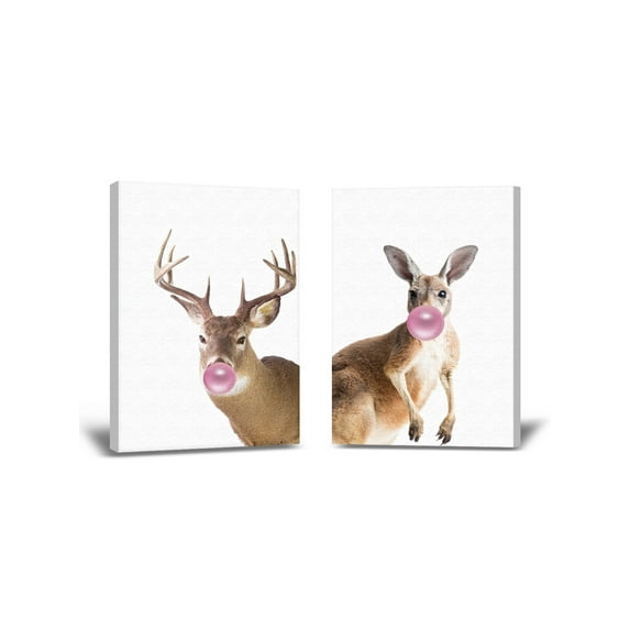 Awkward Styles Kangaroo Chewing Bubble Gum Canvas Kangaroo with Pink Gum Cute Animal Canvas Wall Art Gift Animals Set Painting Art Housewarming Gifts Ideas Deer Chewing Gum Kids Set of 2