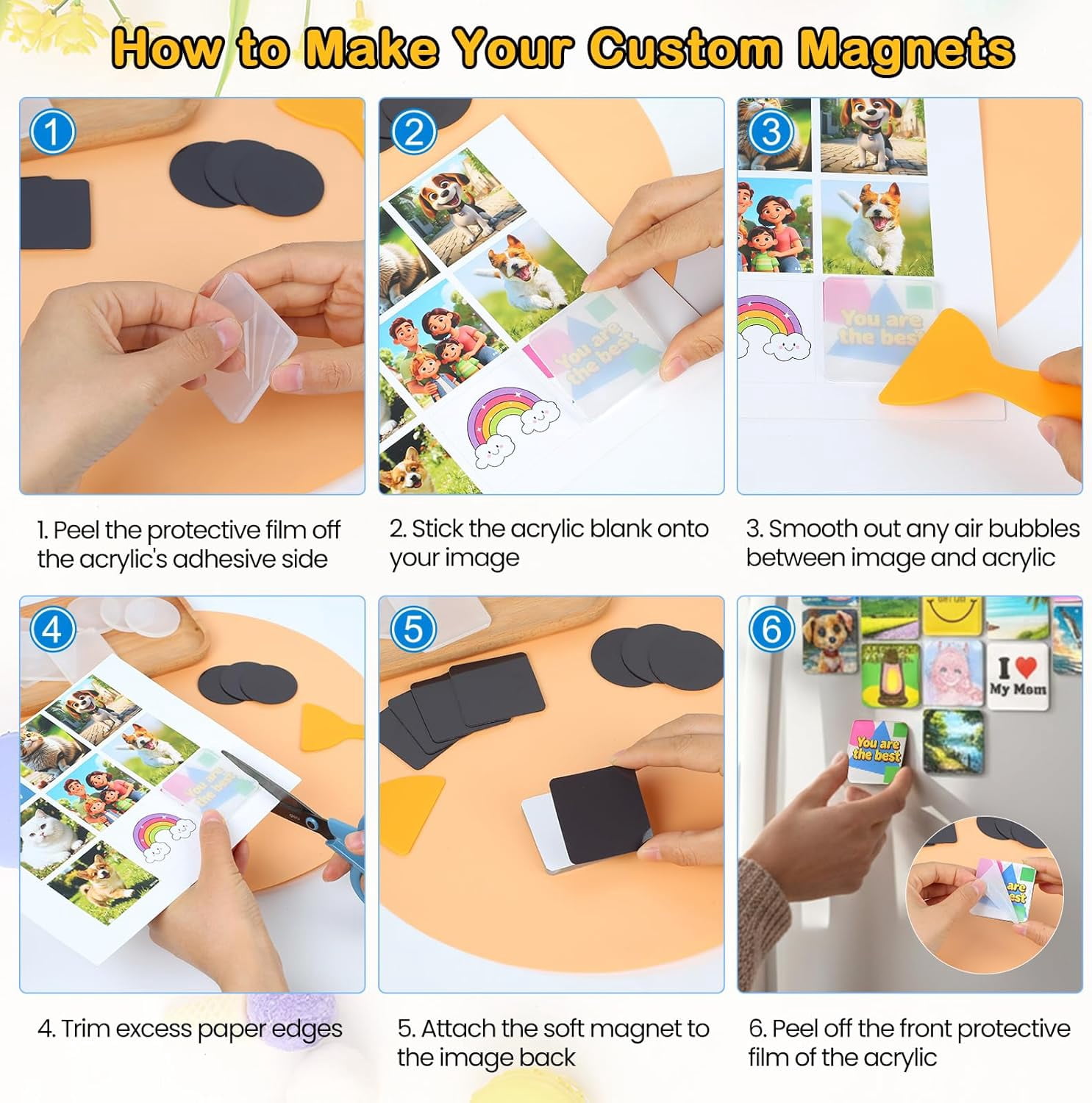 DIY Fridge Magnet Making Kit - 30 Sets, 2-Inch Acrylic Square Blanks with Adhesive Backing, No Sublimation Machine Needed, Easy Refrigerator Magnet Craft Supplies, Perfect Party Favors (30, Square)