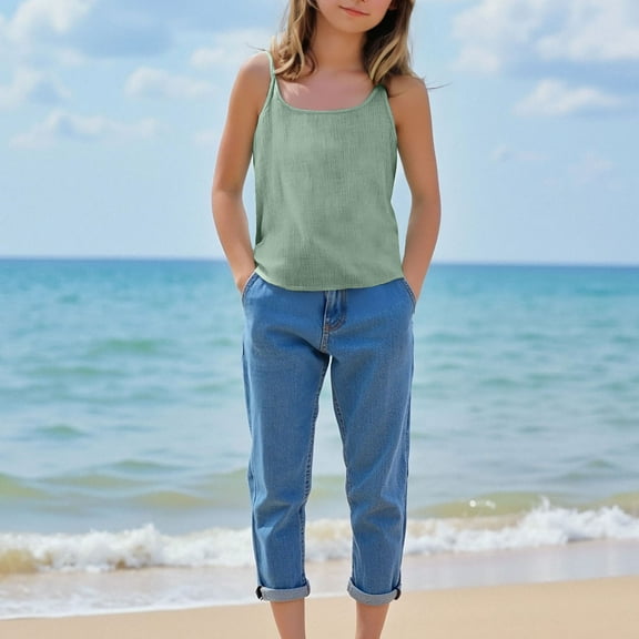 Delliss Girl’s Full Sleeveless Cotton Linen Camisole Tank Tops Kids Flowing Hem Comfort Breathable Dance Tank Tops