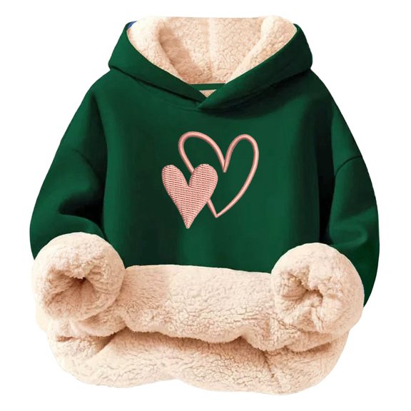 CPNG Girls Fleece Lined Hoodies Heart Print Long Sleeve Hooded Sweatshirts Without Pocket Kids Loose Fit Daily Pullover Sweatshirt