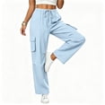 thumbnail image 2 of Livrdious Wide Leg Linen Cargo Pants for Women Drawstring High Waisted Baggy Palazzo Summer Beach Lounge Trousers with Pockets, 29'' Inseam, 2 of 7