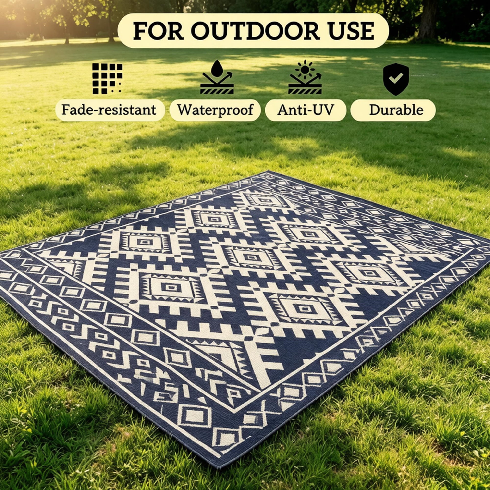 8' x 10' Waterproof Reversible Outdoor Rug: Blue White Rhombus Border Plastic Straw Rug with Carry Bag