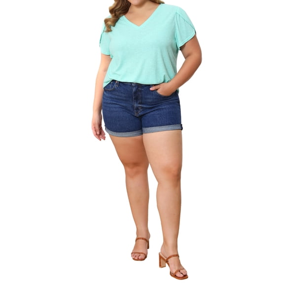 GRACE & GRANDEUR Women's Plus Size Easter Summer T Shirts Solid Basic V Neck Tulip Sleeve Loose Casual Blouses Tops 1X Mint Green