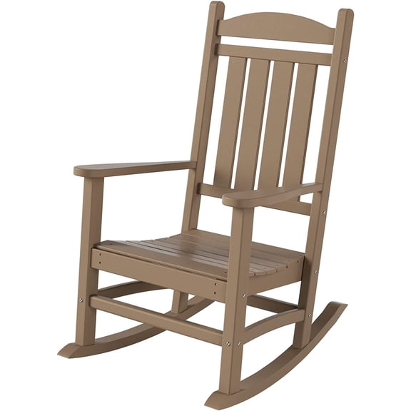 Oversized Outdoor Rocking Chair, High Back Porch Rocker Chair, HDPE All Weather Resistant Outdoor Seating Furniture Wide Rocker Chair for Patio, Lawn, Garden, Weathered Wood