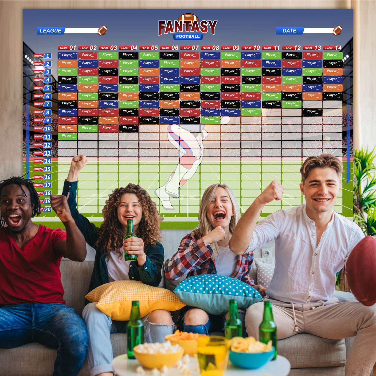 2026 Fantasy Football Draft Board Kit -5x 3.3 Feet -Up to 14 Teams & 660+ Player Stickers