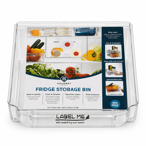Clear Refrigerator Storage Bin with Handle, Stackable BPA-Free Fridge and Pantry Organizer, 12 in