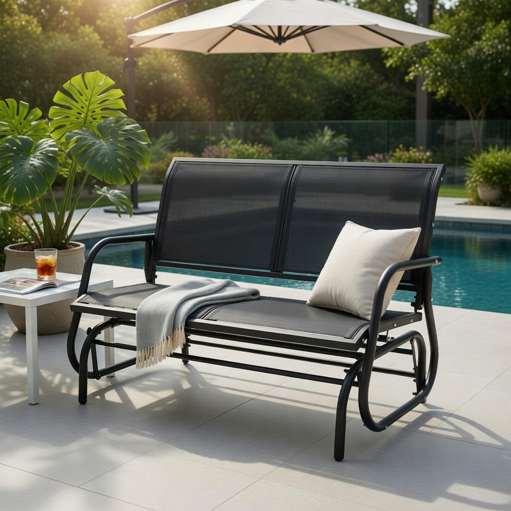 Hommoo 48" Outdoor Glider Loveseat Rocker Chair, Heavy Duty Steel Frame, Breathable Fabric Seat, Dual-Adult Capacity for Patio, Backyard & Porch, Black