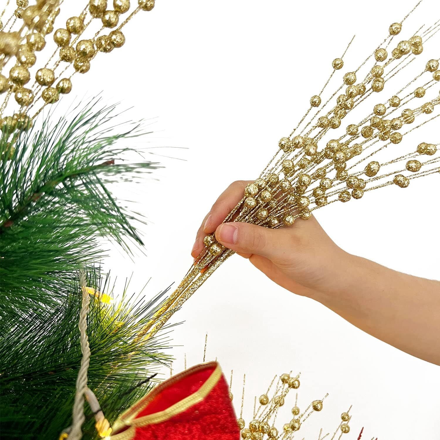 30 Pack Artificial Glitter Berry Stems, 15.7 Inch Artificial Christmas Tree Picks, Decorative Glitter Berry Long Stems, for Christmas Tree DIY Wreath Crafts Holiday Home Decor(Gold)