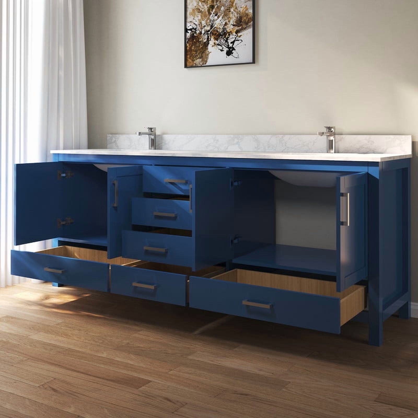 MEDUNJESS 84" Modern Bathroom Vanity with Double Basins Sink, Free Standing Vanity Cabinet with Faucet Hole(Blue)