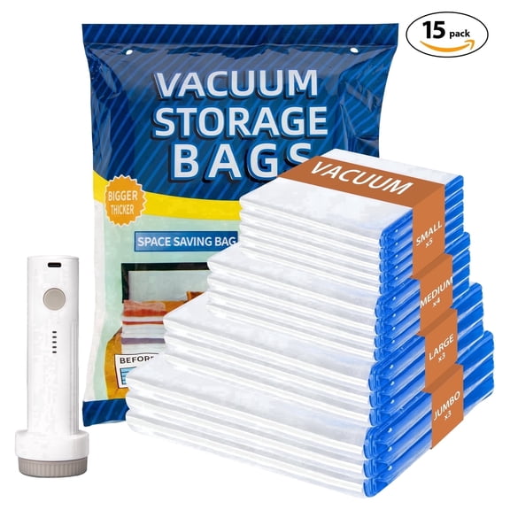 15 Pack Vacuum Storage Bags with Electric Pump, Space Saver Vacuum Seal Bags for Clothes, Comforters, Blankets, Bedding (3XL/3L/4M/5S)