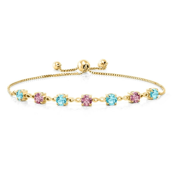 Gem Stone King 18K Yellow Gold Plated Silver Swiss Blue Topaz and Pink Lab Grown Diamond Infinity Links Bracelet for Women (3.08 Cttw, Round 4.5MM, Fully Adjustable up to 9 inch)