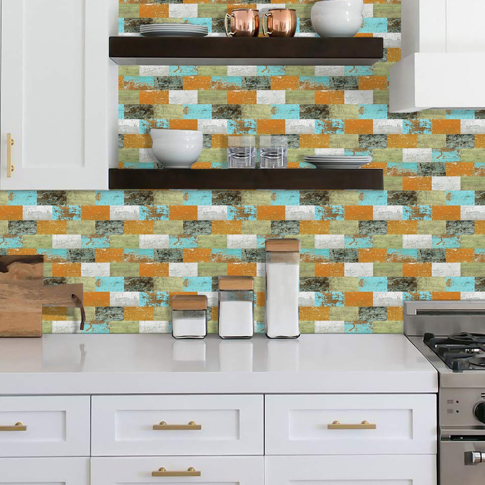 DEWOO 10-Sheet Peel and Stick Backsplash Wall Tile Self Adhesive, Stickon Tile for Kitchen Backplash, Bathroom Vanities, Fireplace Decor, Laundry Table, Stair Decals in Multicolor Woodgrain