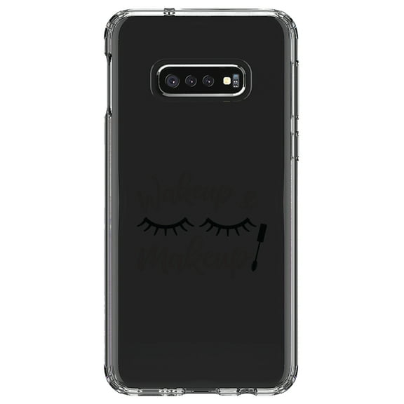 DistinctInk Clear Shockproof Hybrid Case for Samsung Galaxy S10e (5.8" Screen) - TPU Bumper Acrylic Back Tempered Glass Screen Protector - Wake Up & Makeup - Eye Lashes