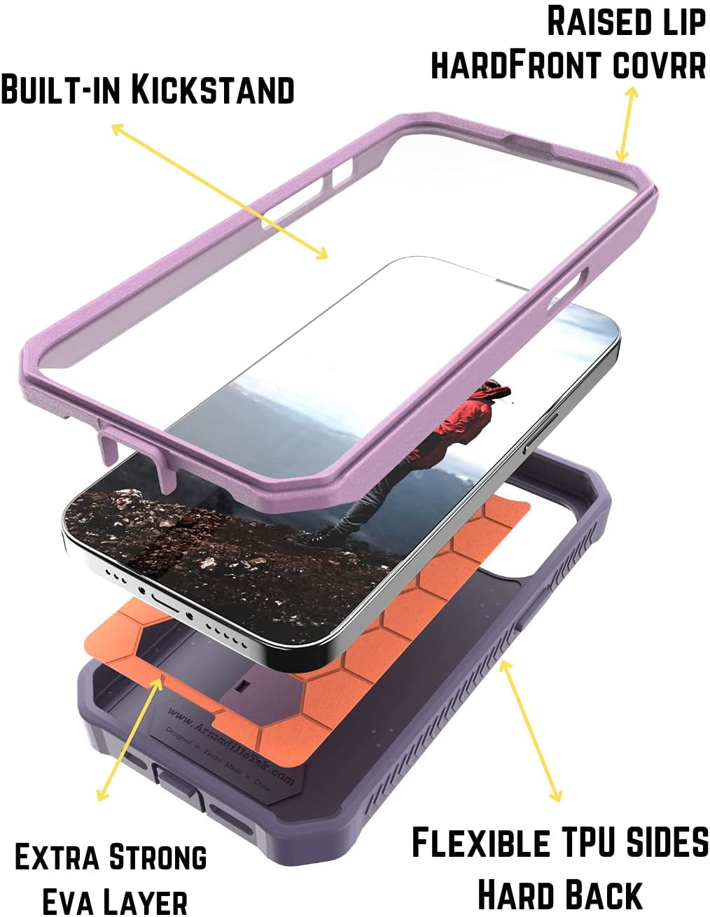 CaseBorne ArmadilloTek V Case for [iPhone 13 Pro] with Built-in Screen Protector & Kickstand Full-Body Multi-Layer Rugged - Purple