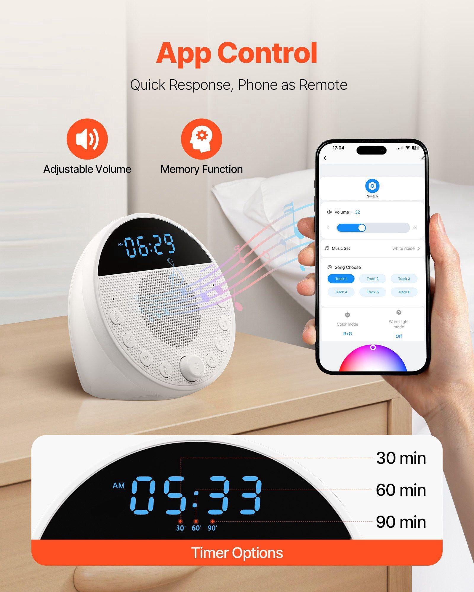 White Noise Machine 18 Soothing Sleep Sounds 7 Color Night Light Dual Alarm App Control Auto Off Timer Memory Function for Baby Adults Home Office Travel