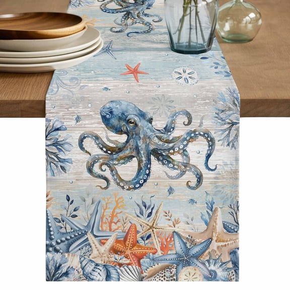 Octopus Coastal Table Runner 72 Inches, Summer Beach Coral Starfish Blue Grey Bed Runner Dresser Scarves Tabletop for Indoor Outdoor Parties/Ceremony/Banquet, 13" x 72"