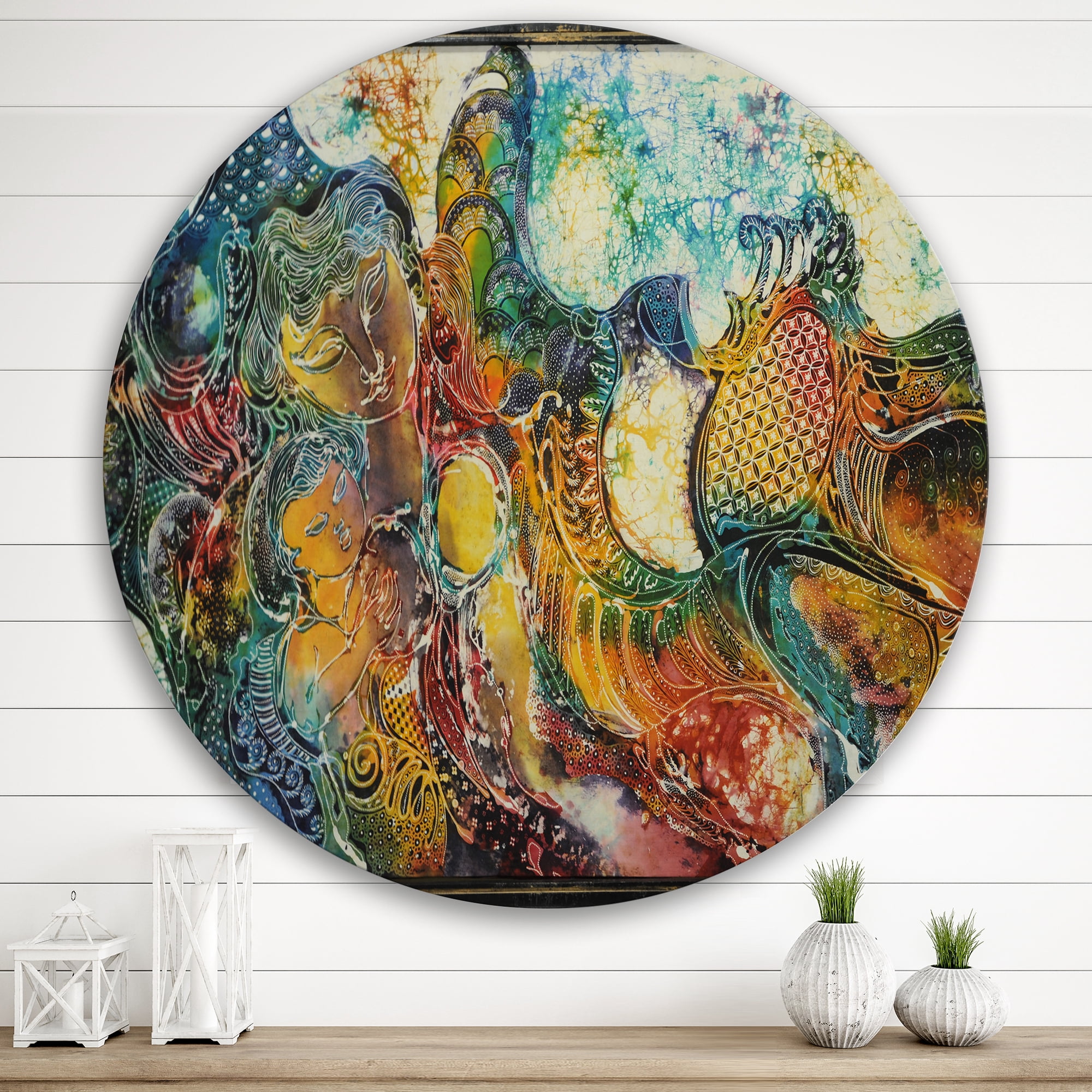 Designart 'Child With Mother With Batik' Modern Circle Metal Wall Art 29x29 - Disc of 29